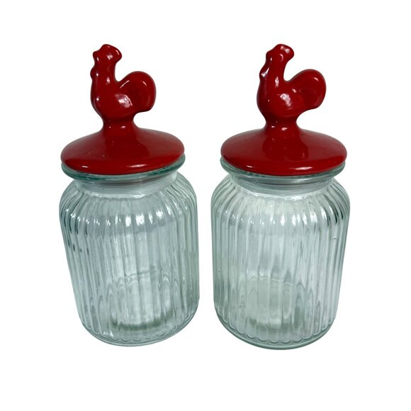 Rustic Red Rooster Glass Jars Set of 2 Ribbed Airtight Lid Farmhouse Kitchen VTG - Picture 2 of 14